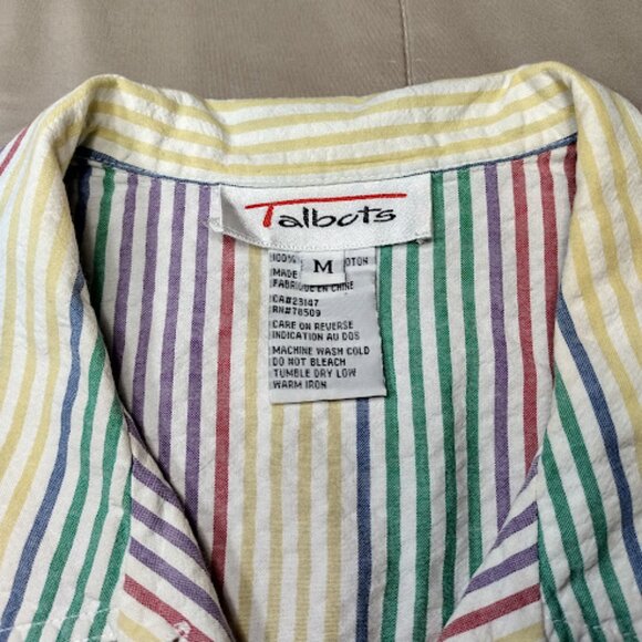 TALBOTS Vintage 90s Pastel Rainbow Stripe Sleeveless Button Down Cotton Blouse M - Picture 10 of 11